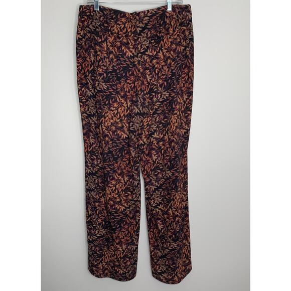 Peruvian Connection Pants  Rust Leaf Print Black Straight Leg Mid Rise Pockets - Picture 2 of 12